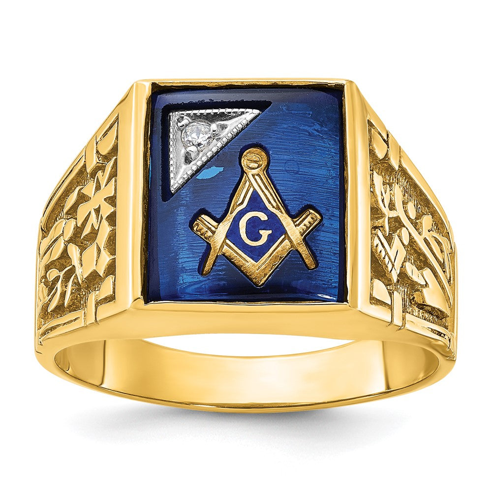 14k Two-tone Gold Men's Polished and Textured with Lab Created Sapphire and Diamond Blue Lodge Master Masonic Ring