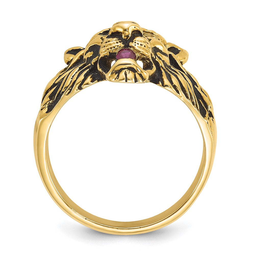 14k Yellow Gold Men's 1/20 carat Diamond and Ruby Antiqued Lion Complete Ring