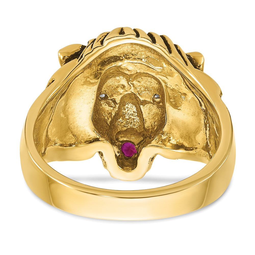 14k Yellow Gold Men's 1/20 carat Diamond and Ruby Antiqued Lion Complete Ring