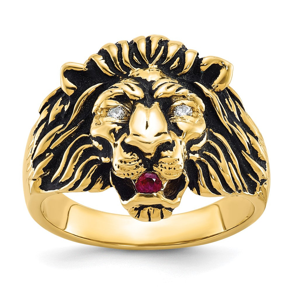 14k Yellow Gold Men's 1/20 carat Diamond and Ruby Antiqued Lion Complete Ring