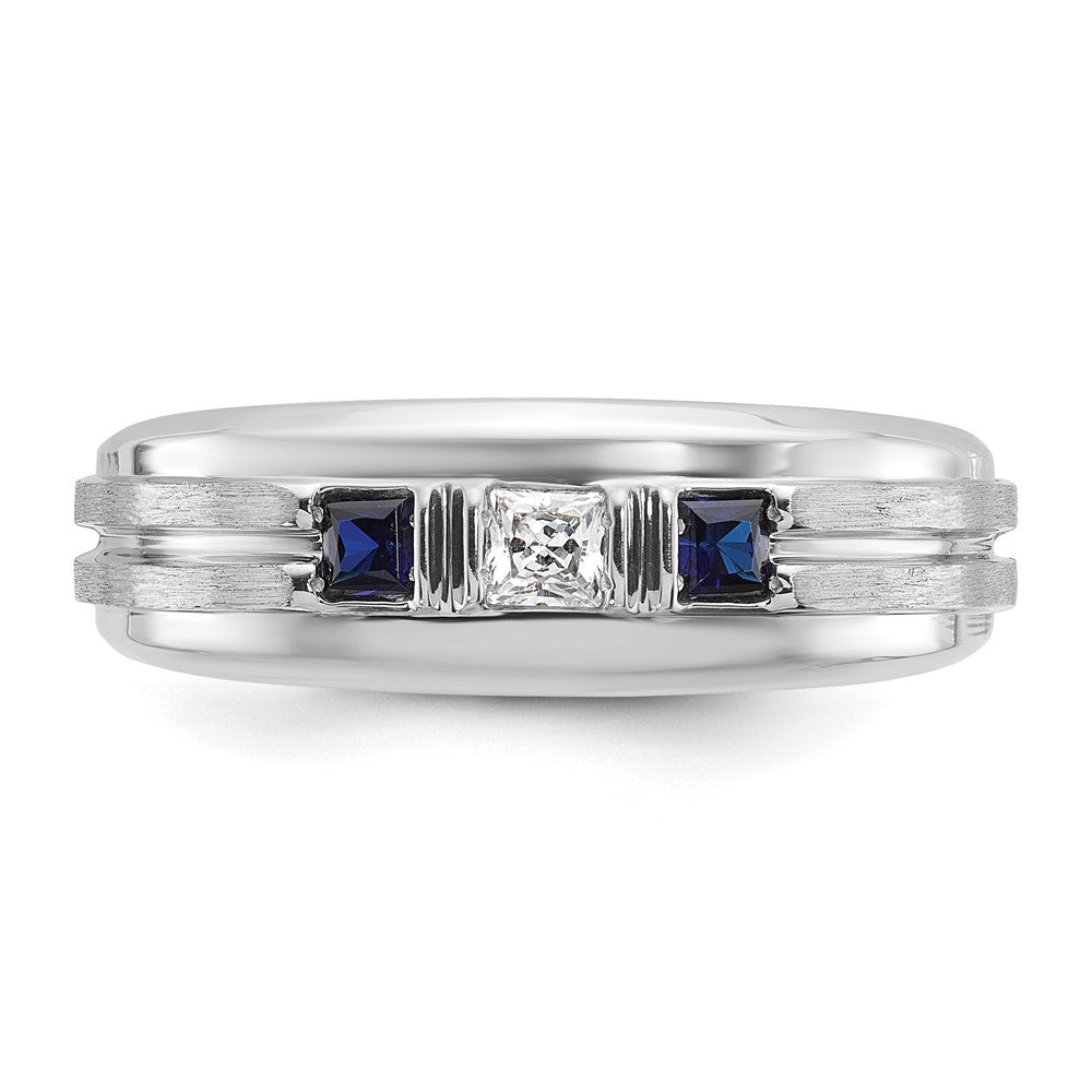 14k White Gold Men's Satin Lab Created Sapphire and 1/6 carat Diamond Complete Ring