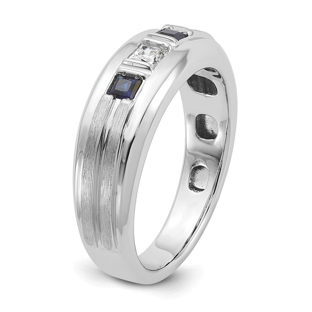 14k White Gold Men's Satin Lab Created Sapphire and 1/6 carat Diamond Complete Ring