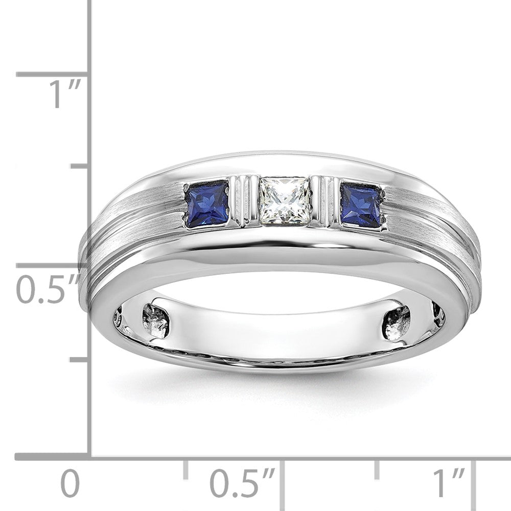 14k White Gold Men's Satin Lab Created Sapphire and 1/6 carat Diamond Complete Ring