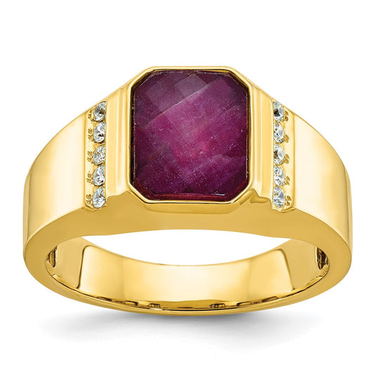 14k Yellow Gold Men's Ruby Doublet Stone and 1/6 carat Diamond Complete Ring