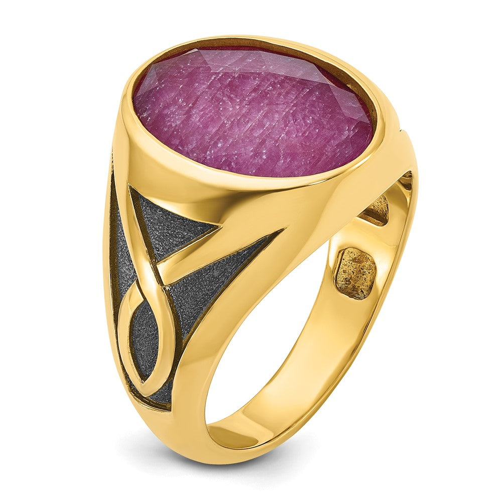 14k Yellow Gold with Black Rhodium Men's Ruby Doublet Stone Complete Ring