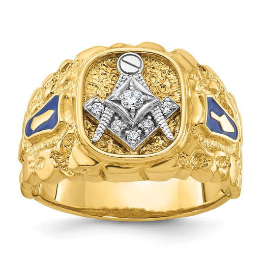 14k Two-tone Gold Men's Polished and Nugget Textured Diamond Blue Lodge Master Masonic Ring