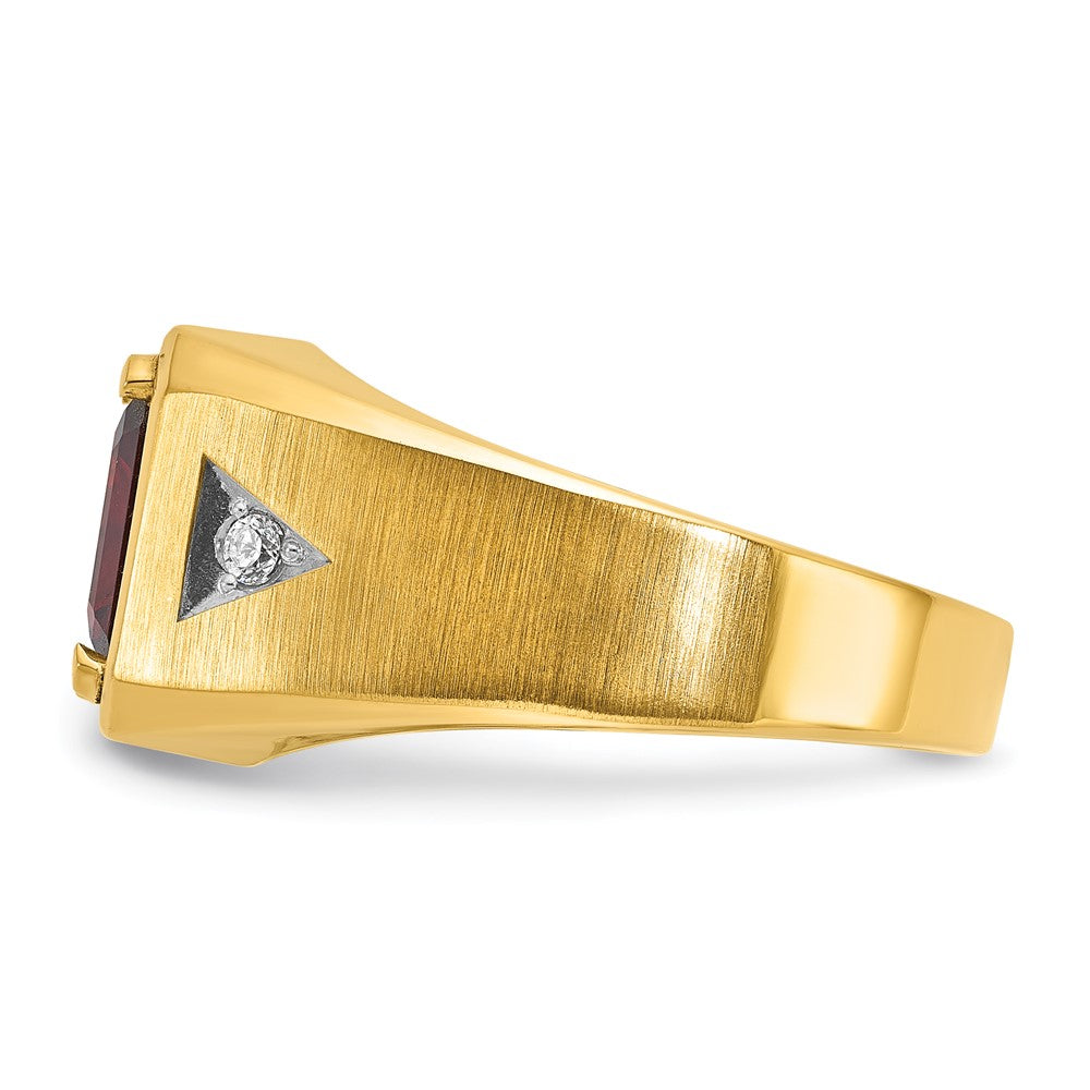 14k Yellow & Rhodium Gold Men's Polished and Satin Garnet and 1/15 carat Diamond Complete Ring