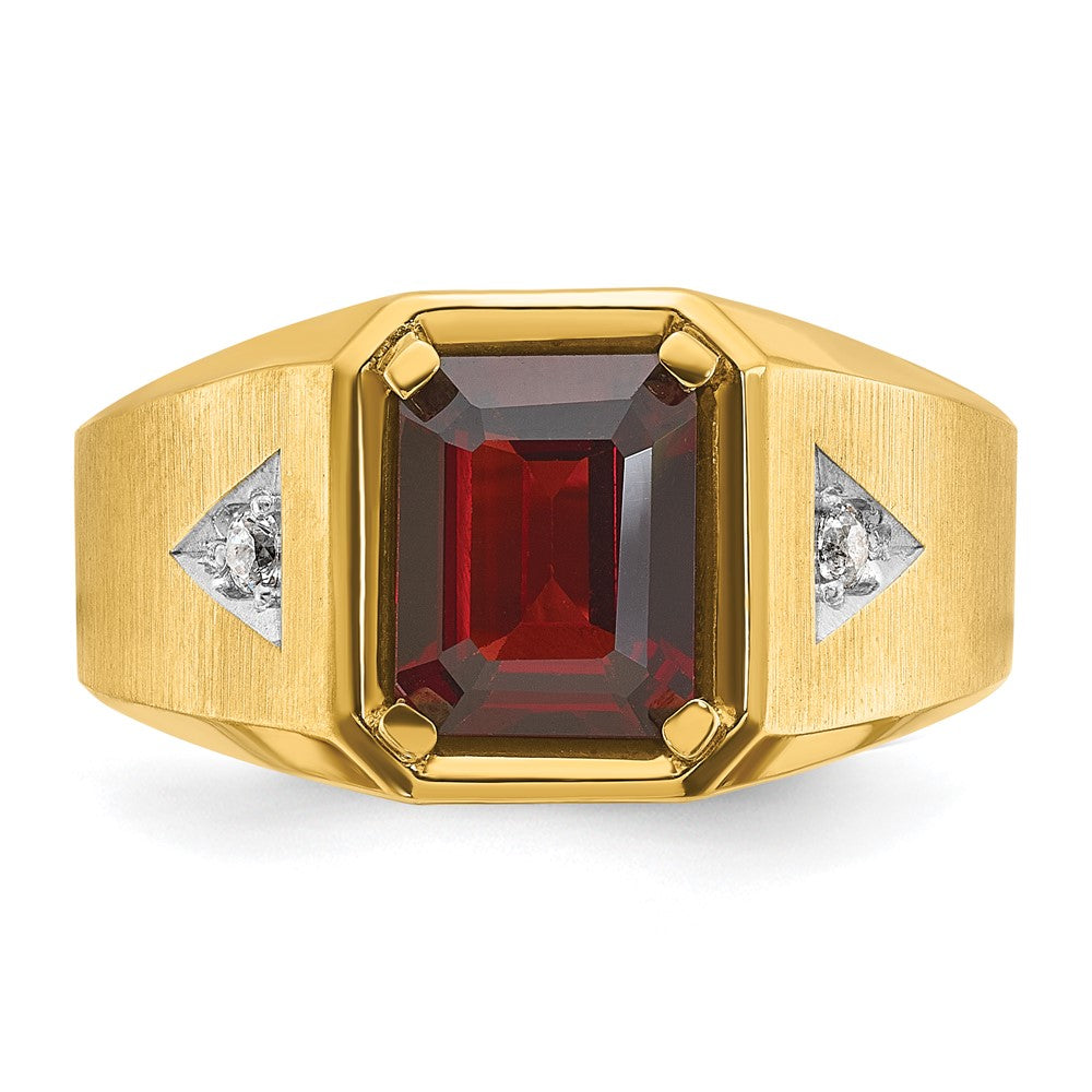 14k Yellow & Rhodium Gold Men's Polished and Satin Garnet and 1/15 carat Diamond Complete Ring