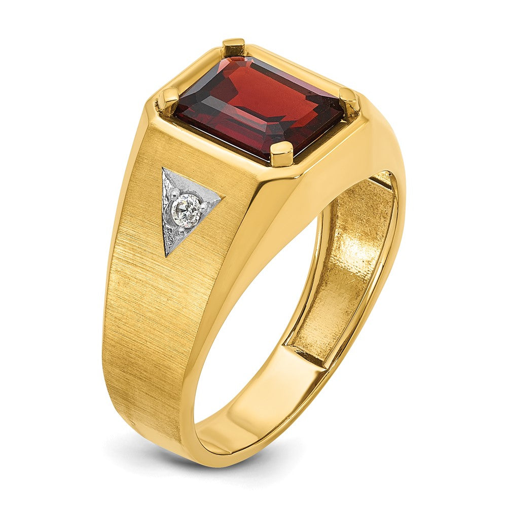 14k Yellow & Rhodium Gold Men's Polished and Satin Garnet and 1/15 carat Diamond Complete Ring