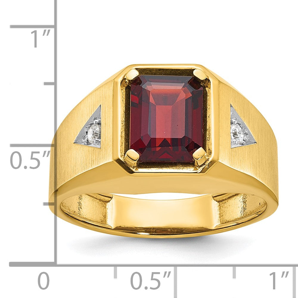 14k Yellow & Rhodium Gold Men's Polished and Satin Garnet and 1/15 carat Diamond Complete Ring