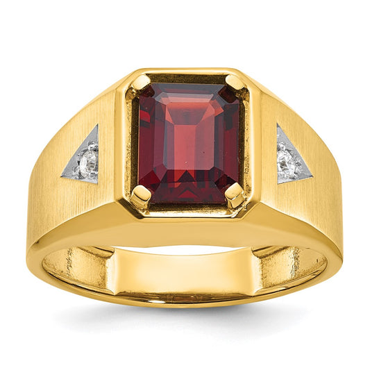 14k Yellow & Rhodium Gold Men's Polished and Satin Garnet and 1/15 carat Diamond Complete Ring