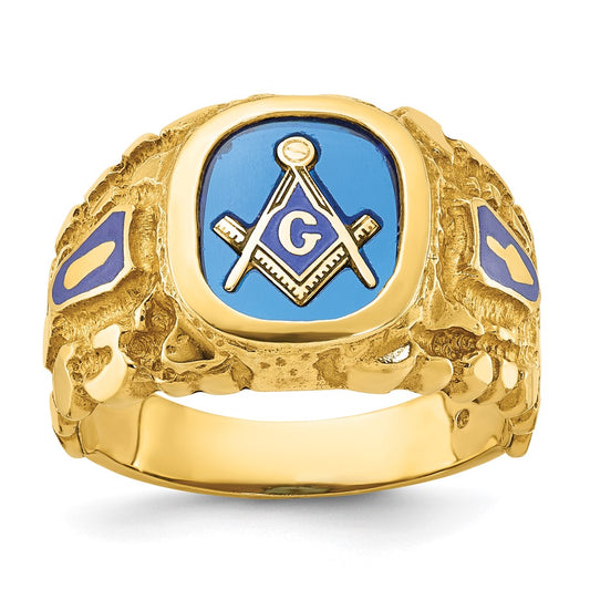 14k Yellow Gold Men's Polished and Nugget Textured with Blue Enamel and Lab Created Sapphire Blue Lodge Master Masonic Ring