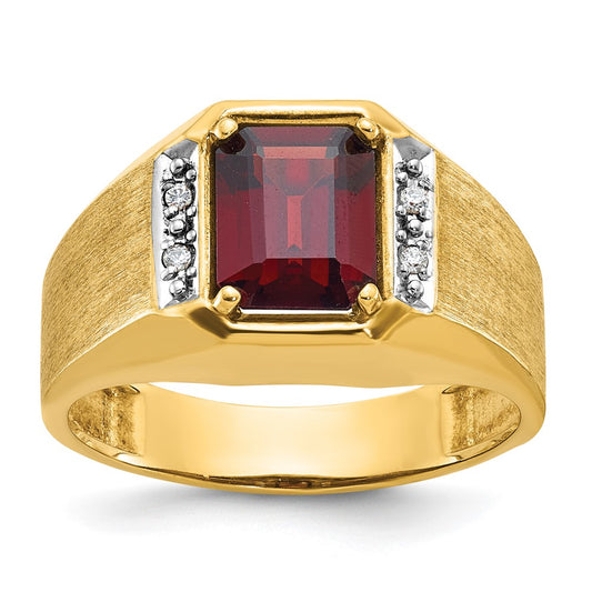 14k Yellow Gold Men's Polished and Satin Created Ruby and 1/20 carat Diamond Complete Ring