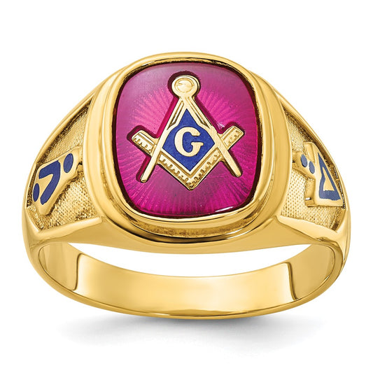 14k Yellow Gold Men's Polished and Textured with Blue Enamel and Lab Created Ruby Blue Lodge Master Masonic Ring