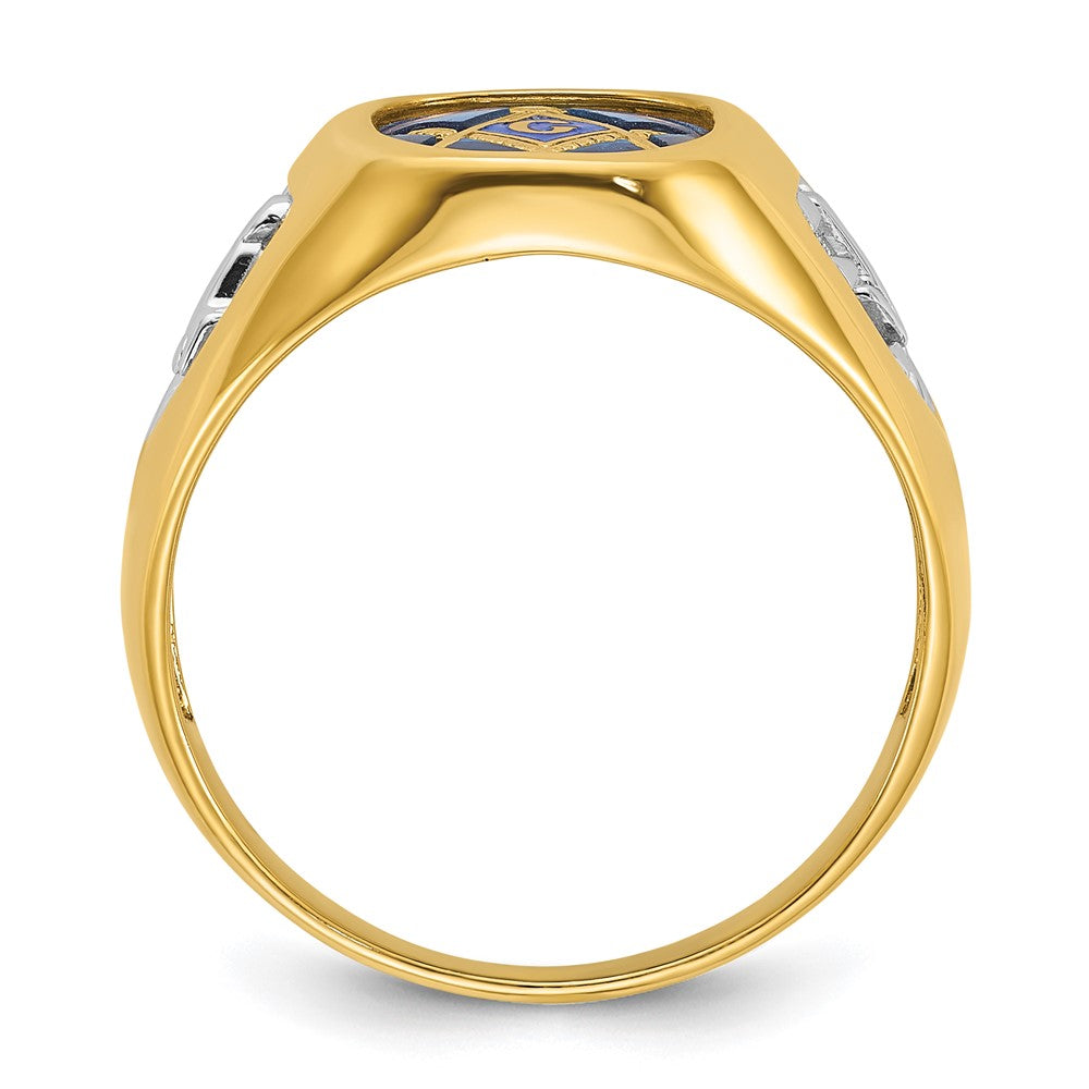 14k Yellow Gold with White Rhodium Men's Polished and Textured with Lab Created Sapphire Blue Lodge Master Masonic Ring