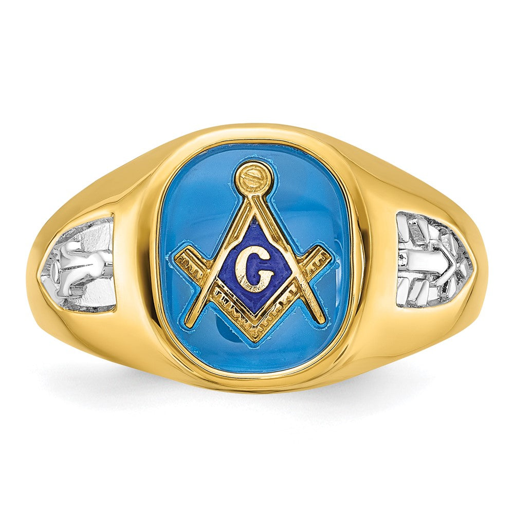 14k Yellow Gold with White Rhodium Men's Polished and Textured with Lab Created Sapphire Blue Lodge Master Masonic Ring