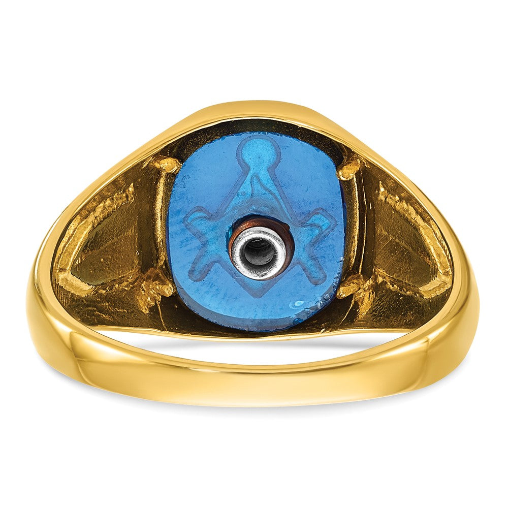 14k Yellow Gold with White Rhodium Men's Polished and Textured with Lab Created Sapphire Blue Lodge Master Masonic Ring