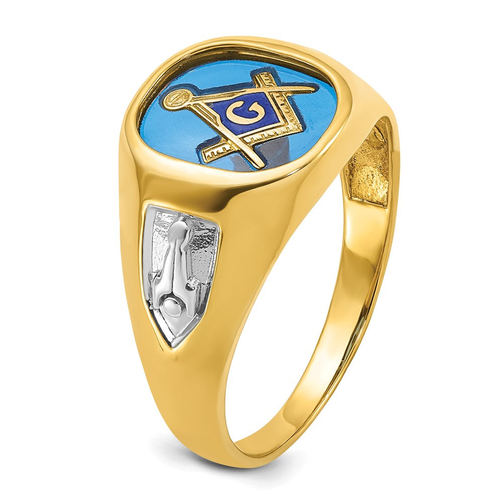 14k Yellow Gold with White Rhodium Men's Polished and Textured with Lab Created Sapphire Blue Lodge Master Masonic Ring