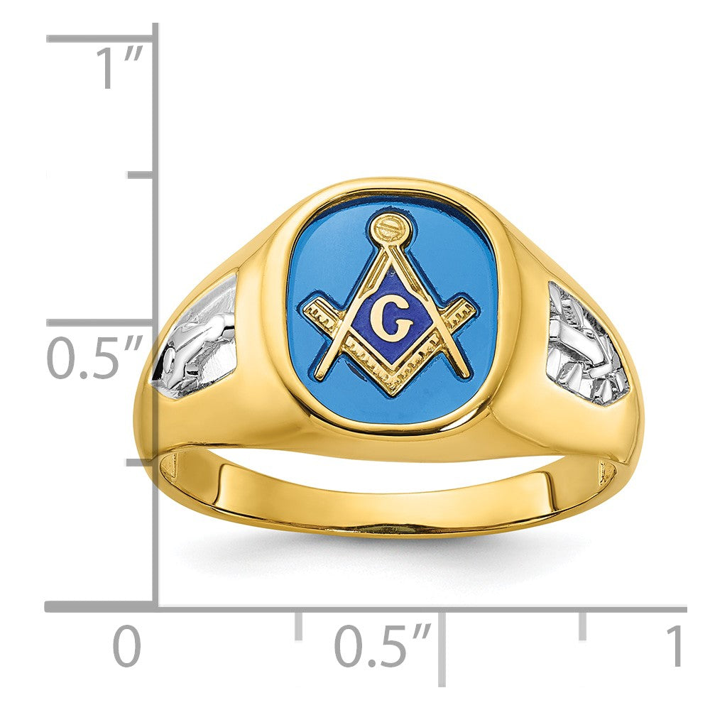 14k Yellow Gold with White Rhodium Men's Polished and Textured with Lab Created Sapphire Blue Lodge Master Masonic Ring