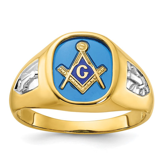 14k Yellow Gold with White Rhodium Men's Polished and Textured with Lab Created Sapphire Blue Lodge Master Masonic Ring