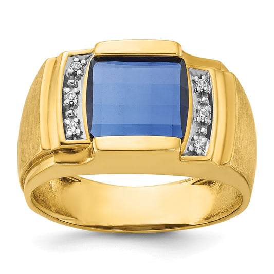 14k Yellow Gold Men's Created Sapphire and 1/20 carat Diamond Complete Ring