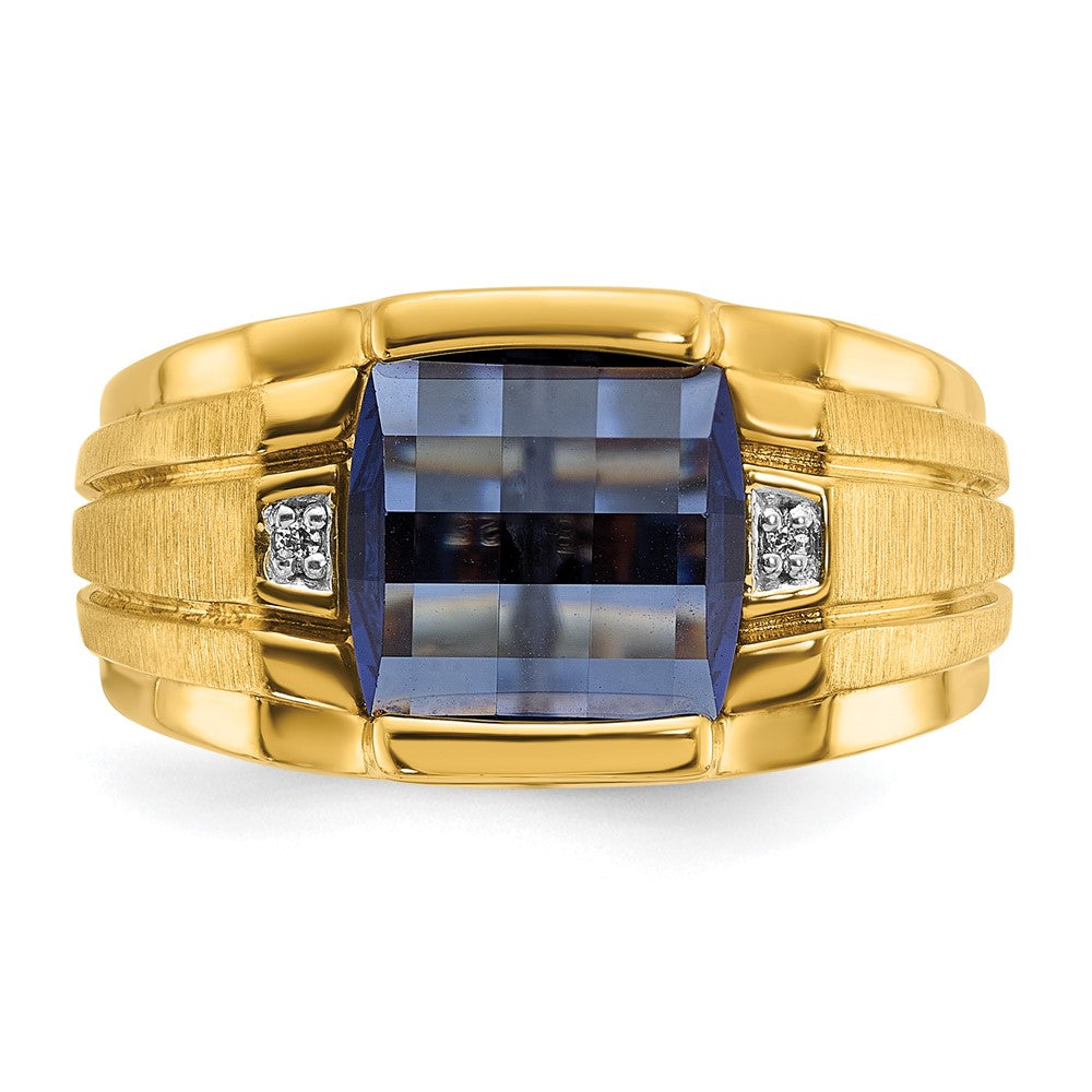 14k Yellow Gold Men's Created Sapphire and Diamond Complete Ring