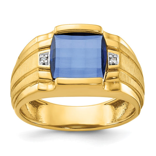 14k Yellow Gold Men's Created Sapphire and Diamond Complete Ring