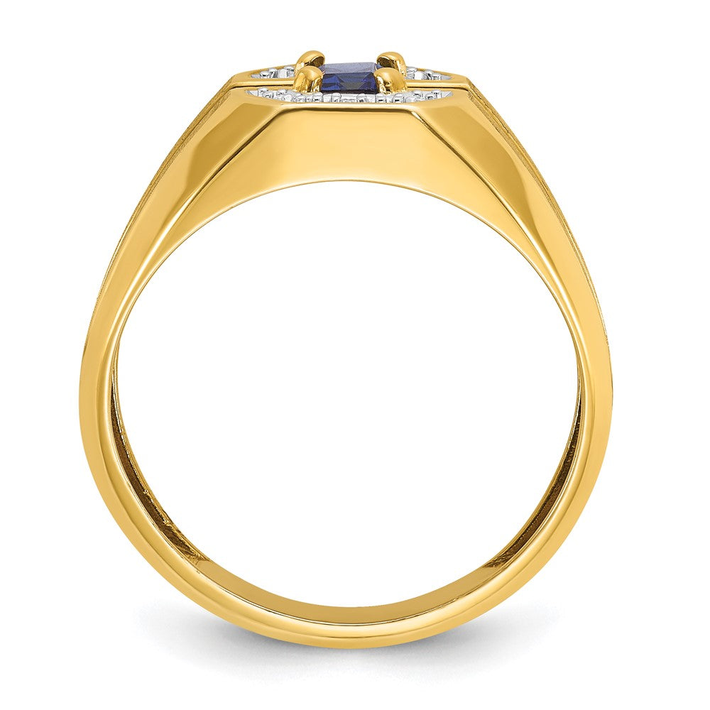 14k Yellow Gold Men's Created Sapphire and 1/20 carat Diamond Satin Complete Ring