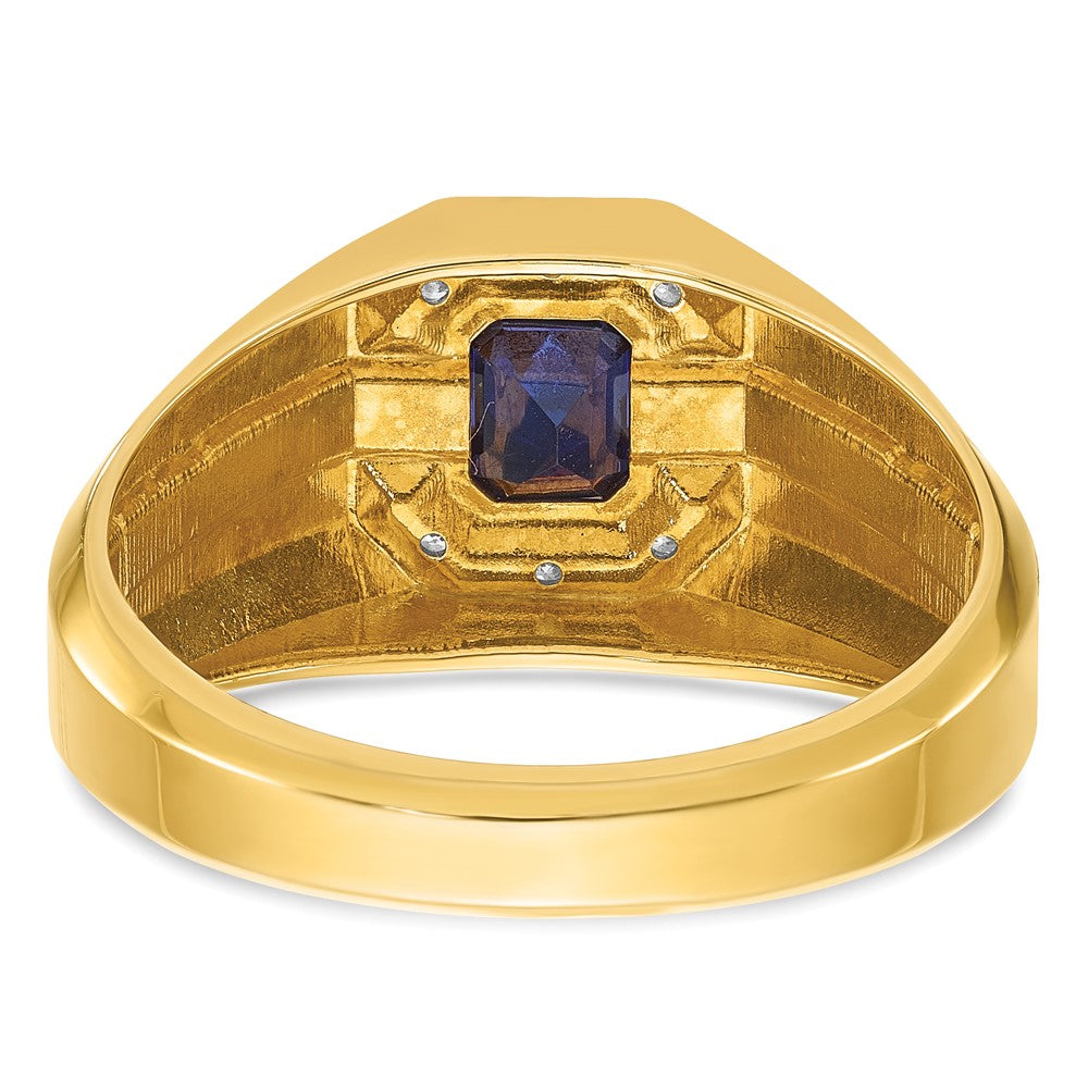 14k Yellow Gold Men's Created Sapphire and 1/20 carat Diamond Satin Complete Ring