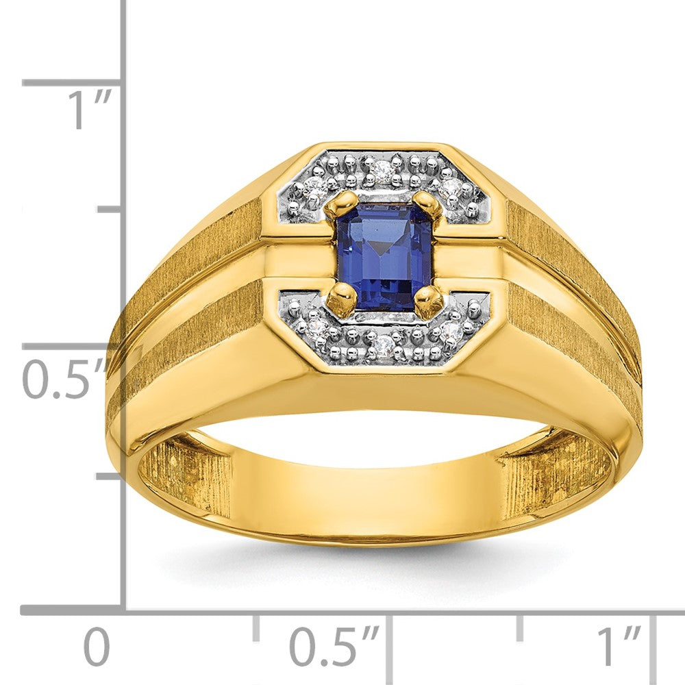 14k Yellow Gold Men's Created Sapphire and 1/20 carat Diamond Satin Complete Ring