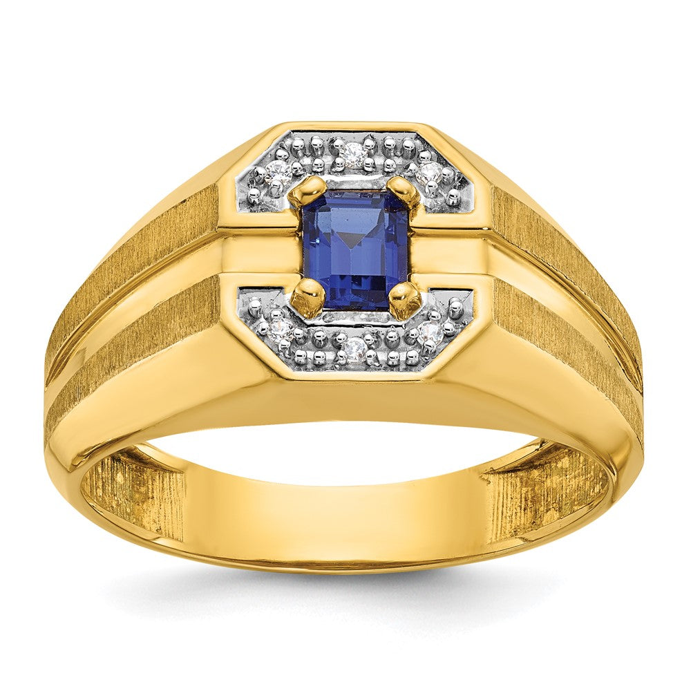 14k Yellow Gold Men's Created Sapphire and 1/20 carat Diamond Satin Complete Ring