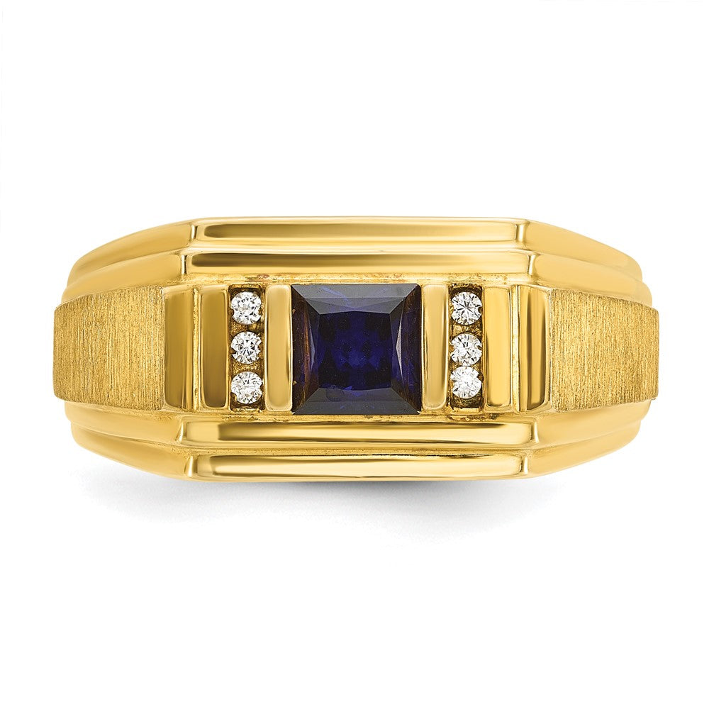 14k Yellow Gold Men's Created Sapphire and 1/20 carat Diamond Satin Complete Ring