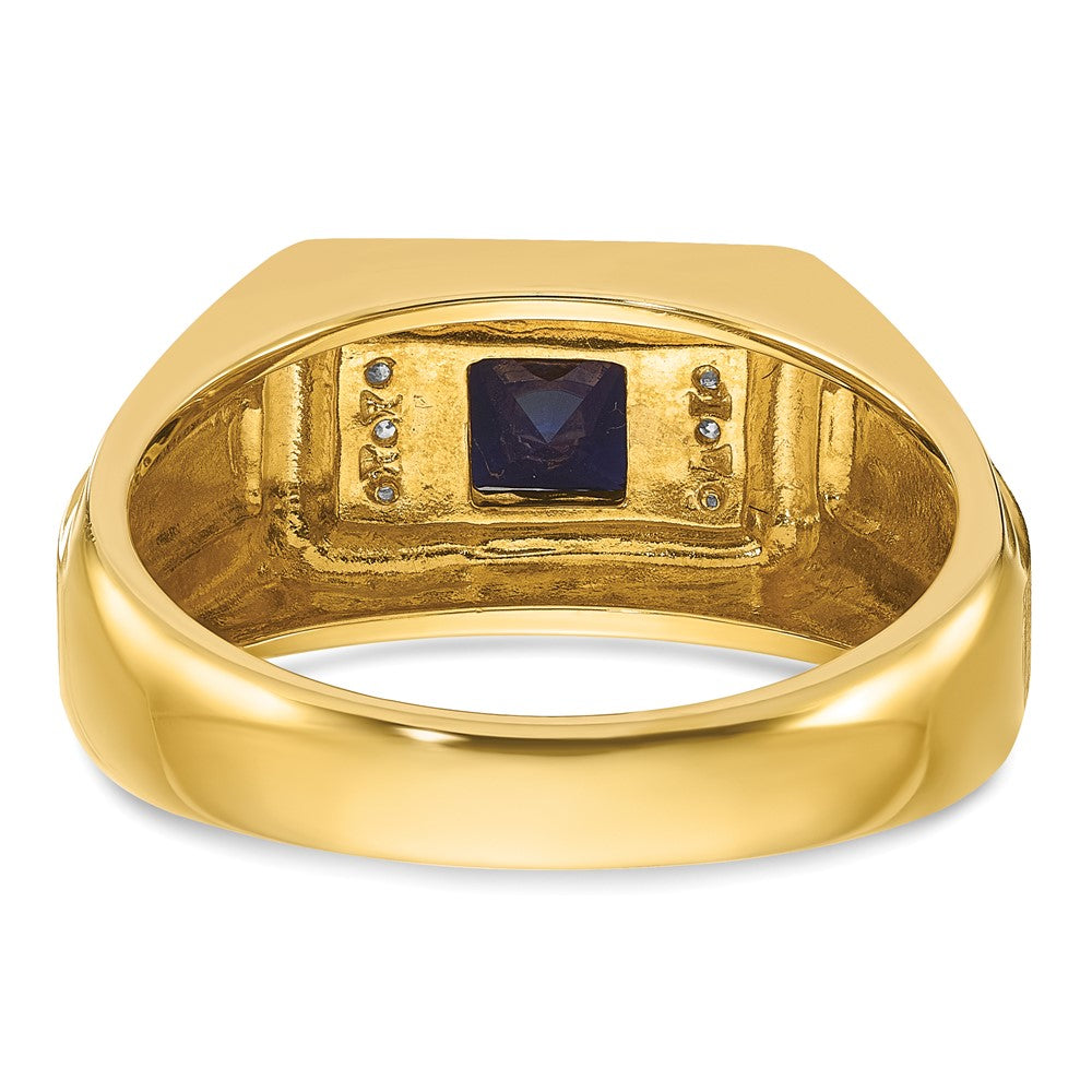 14k Yellow Gold Men's Created Sapphire and 1/20 carat Diamond Satin Complete Ring