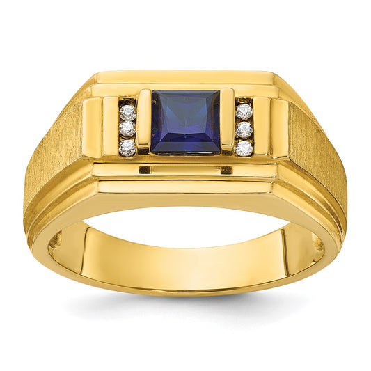 14k Yellow Gold Men's Created Sapphire and 1/20 carat Diamond Satin Complete Ring