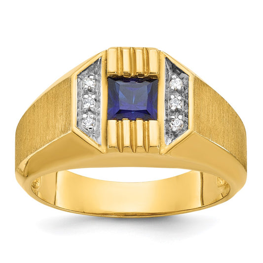 14k Yellow Gold Men's Created Sapphire and 1/20 carat Diamond Satin Complete Ring