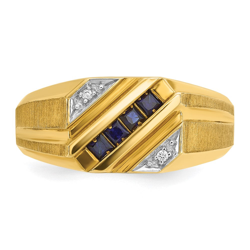 14k Yellow Gold Men's Created Sapphire and Diamond Satin Complete Ring