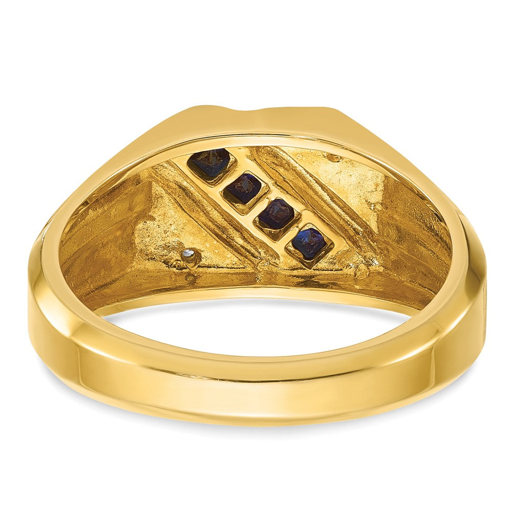 14k Yellow Gold Men's Created Sapphire and Diamond Satin Complete Ring