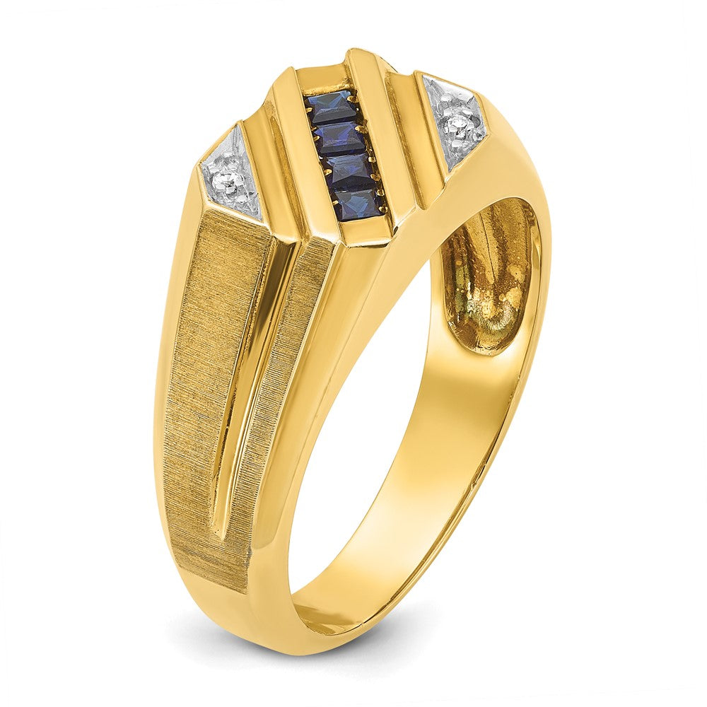 14k Yellow Gold Men's Created Sapphire and Diamond Satin Complete Ring