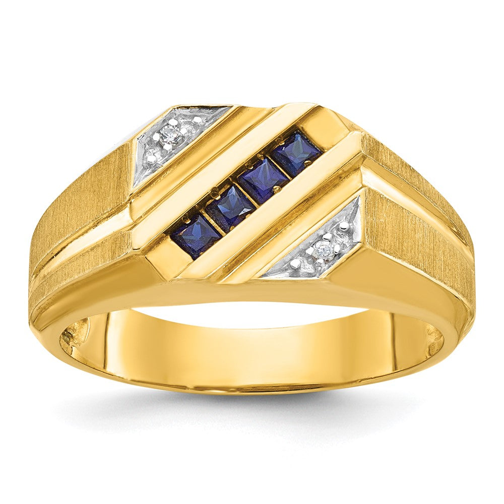 14k Yellow Gold Men's Created Sapphire and Diamond Satin Complete Ring