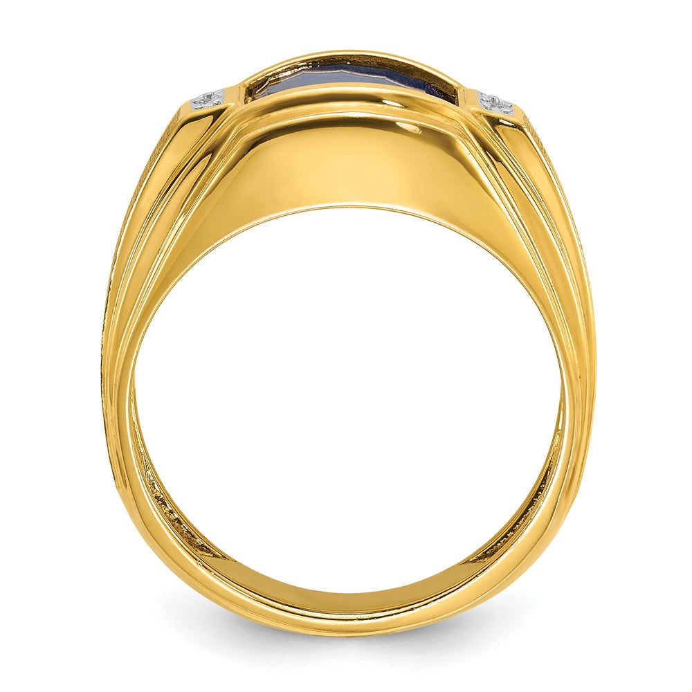 14k Yellow Gold Men's Polished and Satin Created Sapphire and Diamond Complete Ring