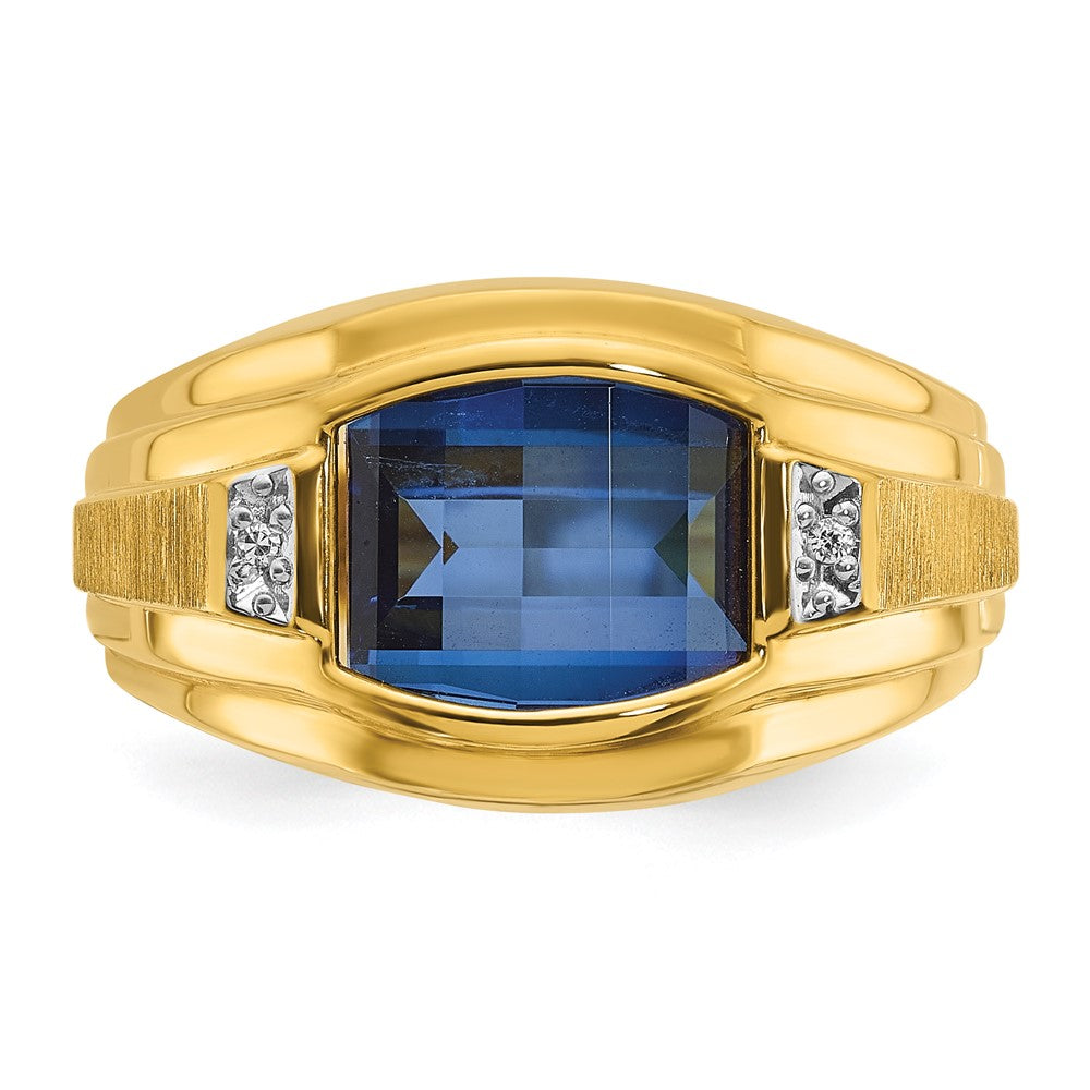 14k Yellow Gold Men's Polished and Satin Created Sapphire and Diamond Complete Ring