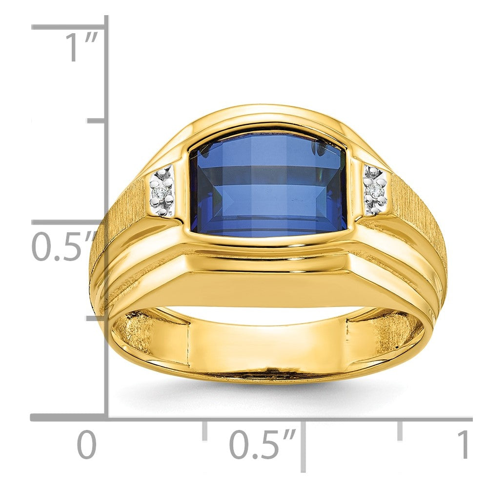 14k Yellow Gold Men's Polished and Satin Created Sapphire and Diamond Complete Ring