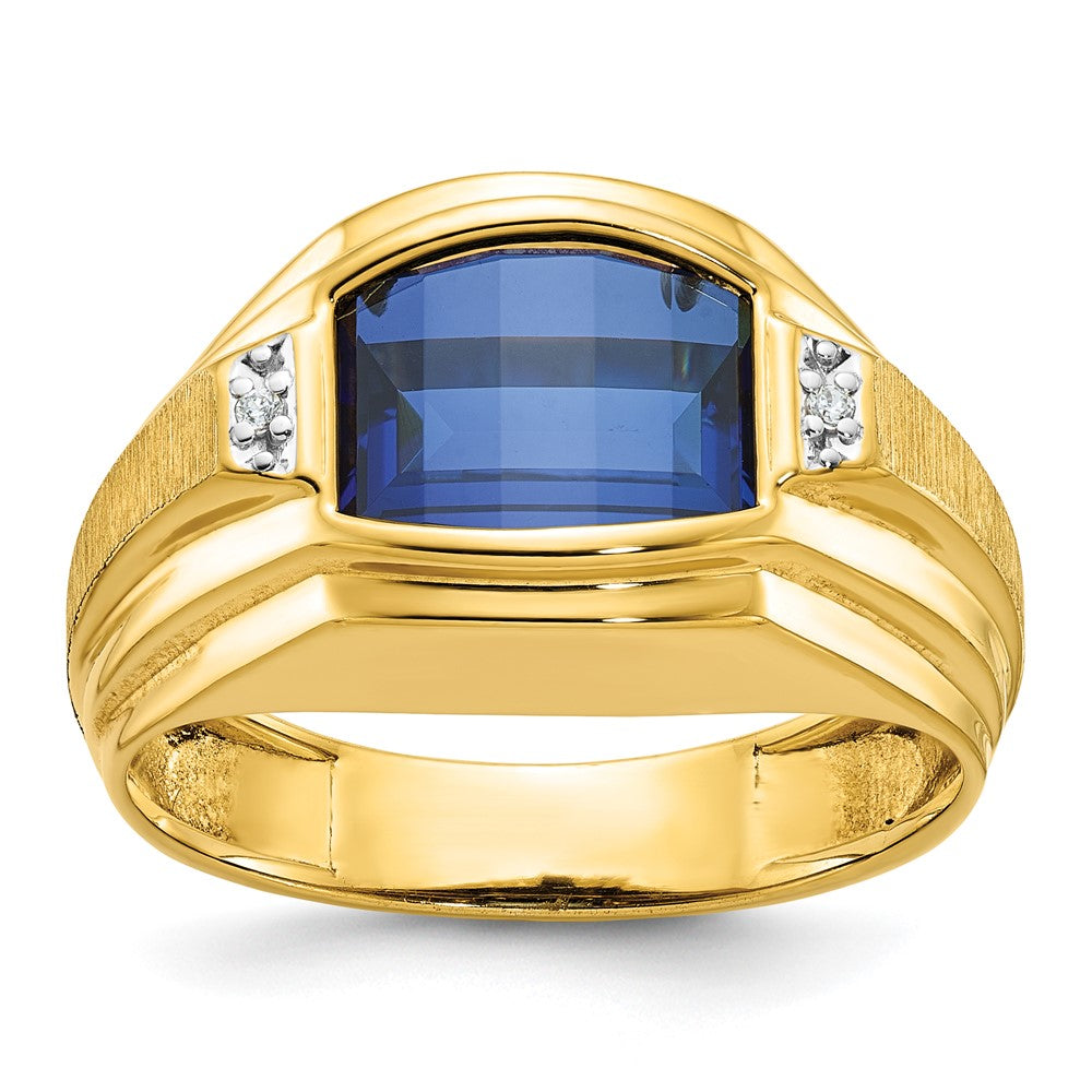 14k Yellow Gold Men's Polished and Satin Created Sapphire and Diamond Complete Ring