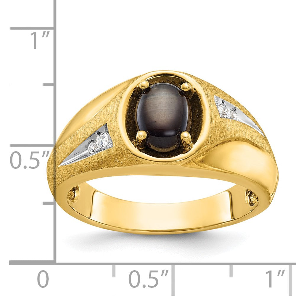 14k Yellow Gold Men's Satin Black Star Sapphire and 1/20 carat Diamond Complete Ring