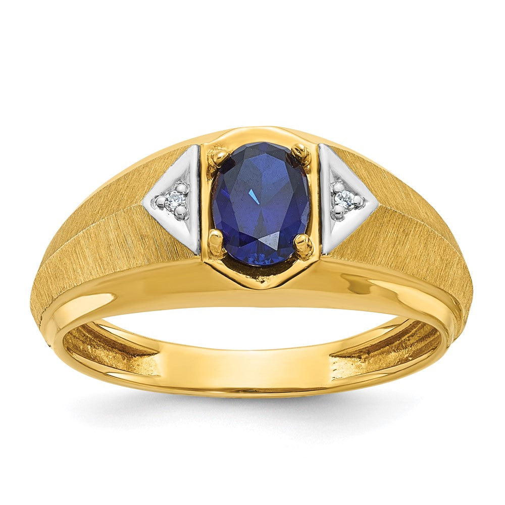 14k Yellow Gold Men's Created Sapphire and Diamond Satin Complete Ring