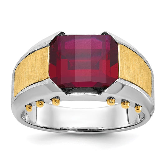 14k Two-tone Gold Men's Created Garnet Complete Ring