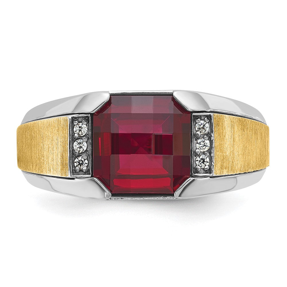 14k Two-tone Gold Men's Satin Created Garnet and 1/20 carat Diamond Complete Ring