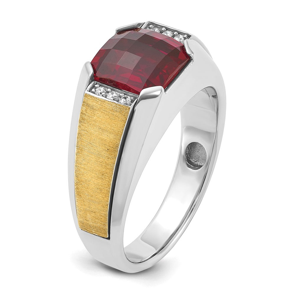 14k Two-tone Gold Men's Satin Created Garnet and 1/20 carat Diamond Complete Ring