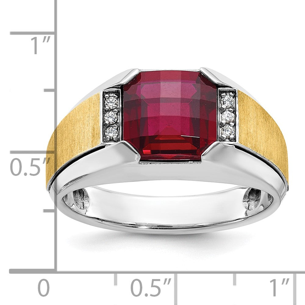 14k Two-tone Gold Men's Satin Created Garnet and 1/20 carat Diamond Complete Ring