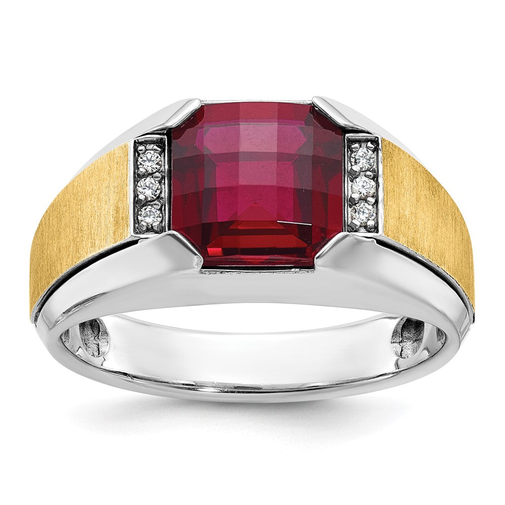 14k Two-tone Gold Men's Satin Created Garnet and 1/20 carat Diamond Complete Ring